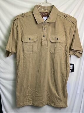 Men's Short-Sleeve Polo with Dual Buttoned Pockets - Beige